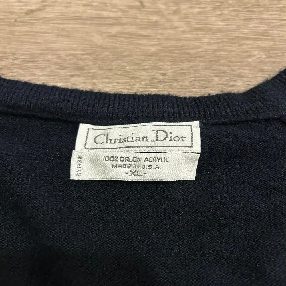 Vintage Christian‎ Dior V Neck Sweater Navy Minimakist Logo Knit XL USA